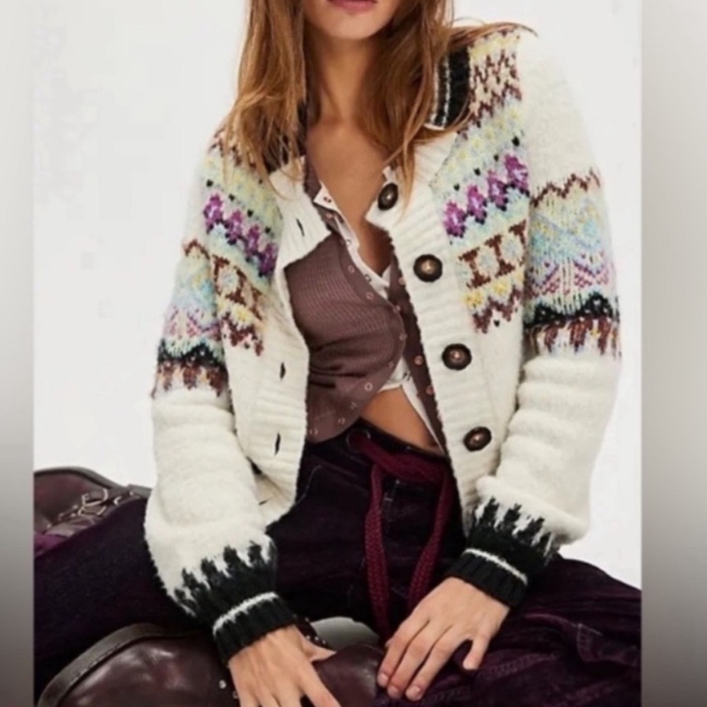 Free people Millie Cardi Knit Cardigan chunky Sweater fair Isle size XS used